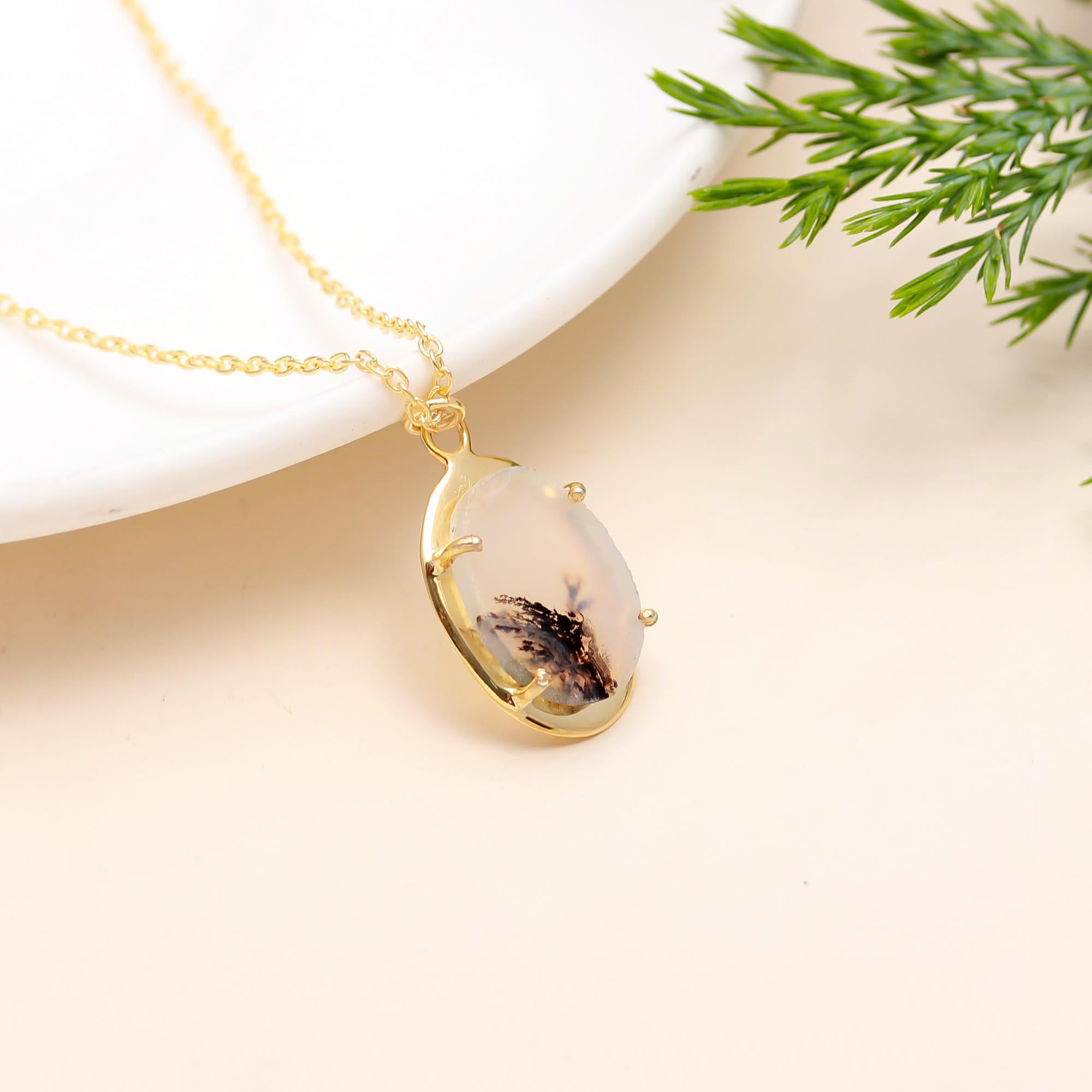 925 Silver Dendritic Agate Pendant Necklace