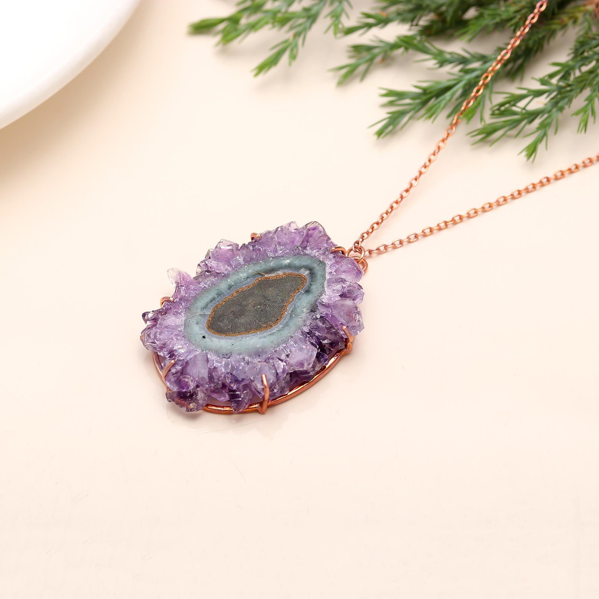 925 Sterling Silver Amethyst Druzy Stalactite Necklace
