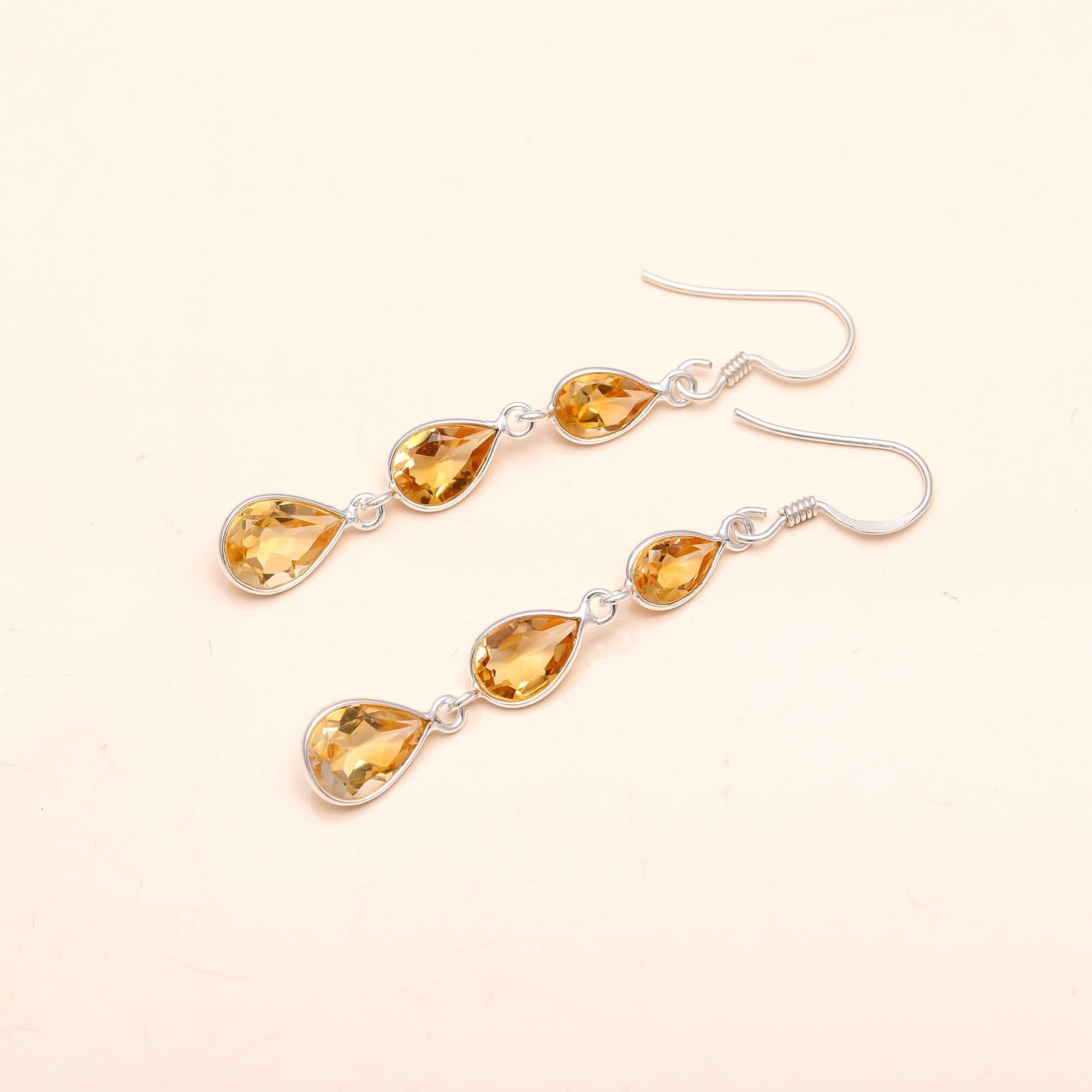 925 Silver Triple Citrine Dangle Earrings