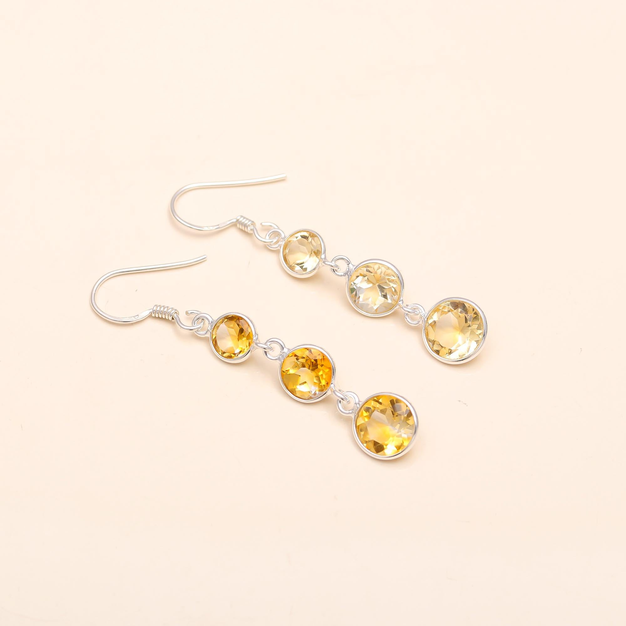 925 Silver Triple Citrine Dangle Earrings