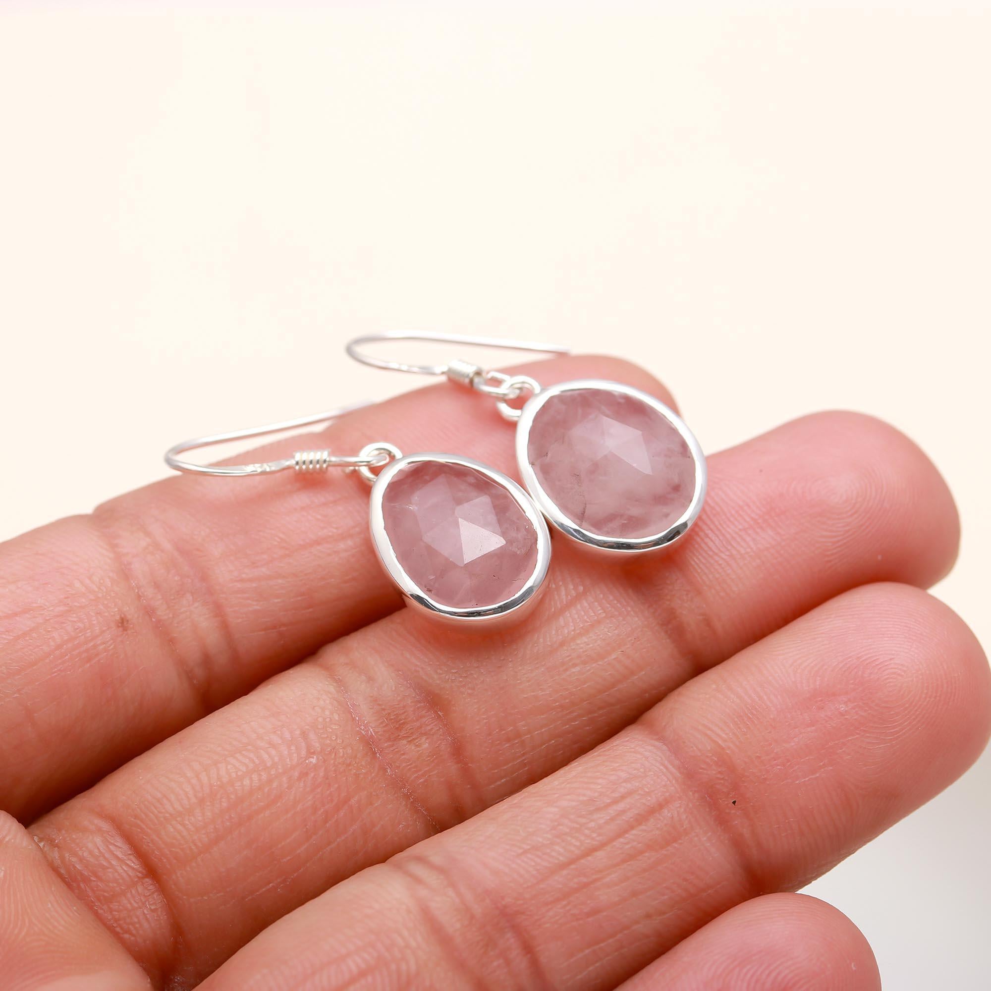 925 Silver Rose Quartz Dangle Earrings
