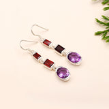 925 Silver Garnet and Amethyst Dangle Earrings