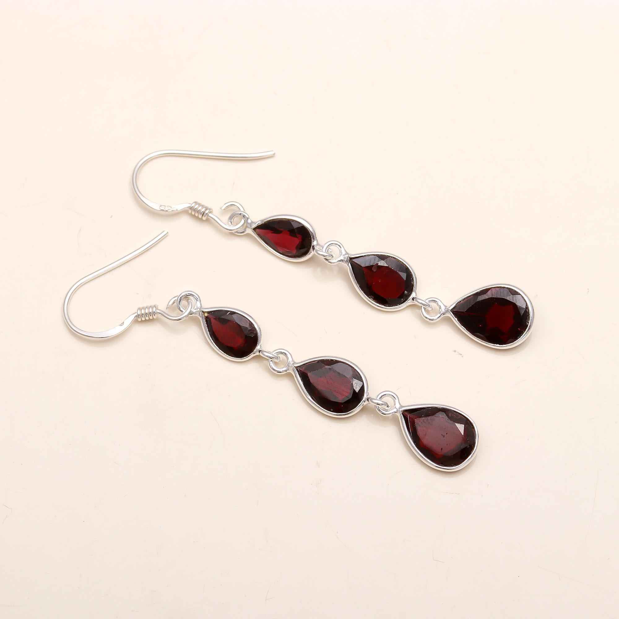 925 Silver Triple Garnet Dangle Earrings