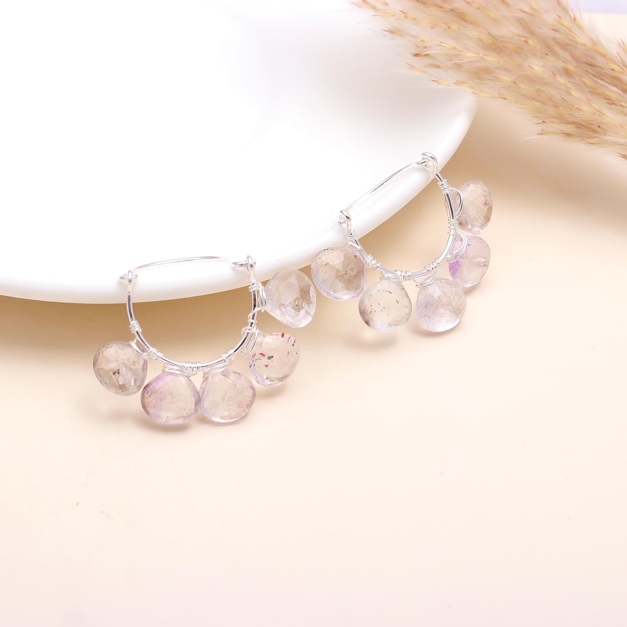 925 Sterling Silver Clear Quartz Hoop Earrings