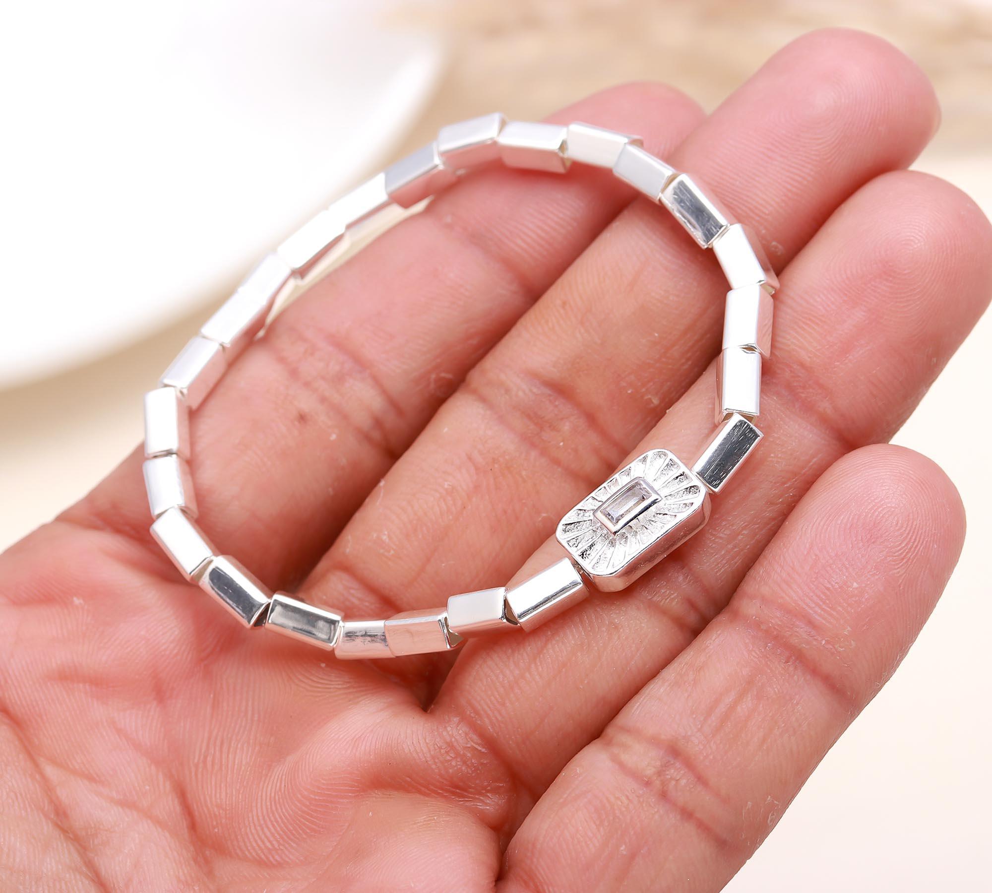 925 Sterling Silver Sunburst Baguette-Cut Stretch Bracelet