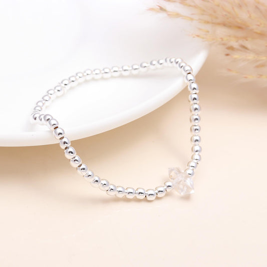 925 Sterling Silver Beaded Stretch Bracelet with Crystal Star