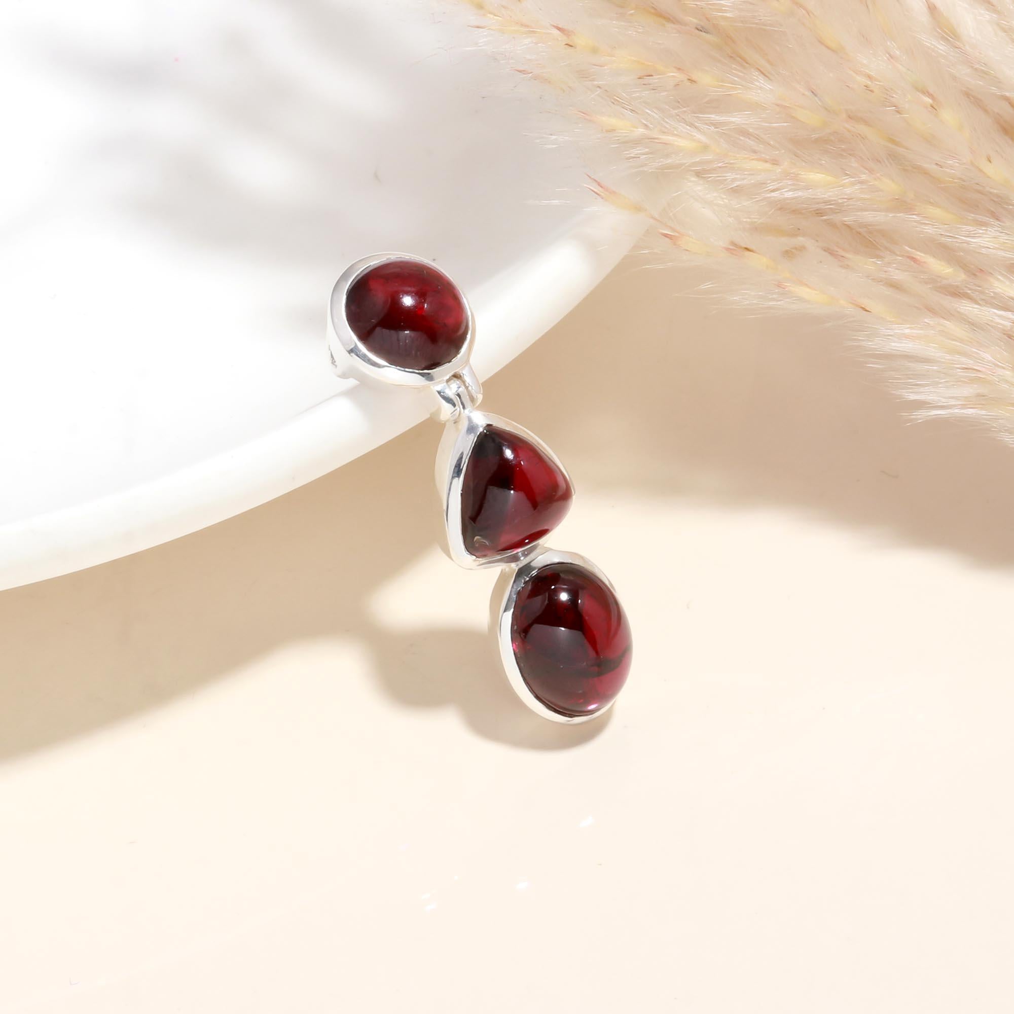 925 Sterling Silver Triple Garnet Drop Pendant