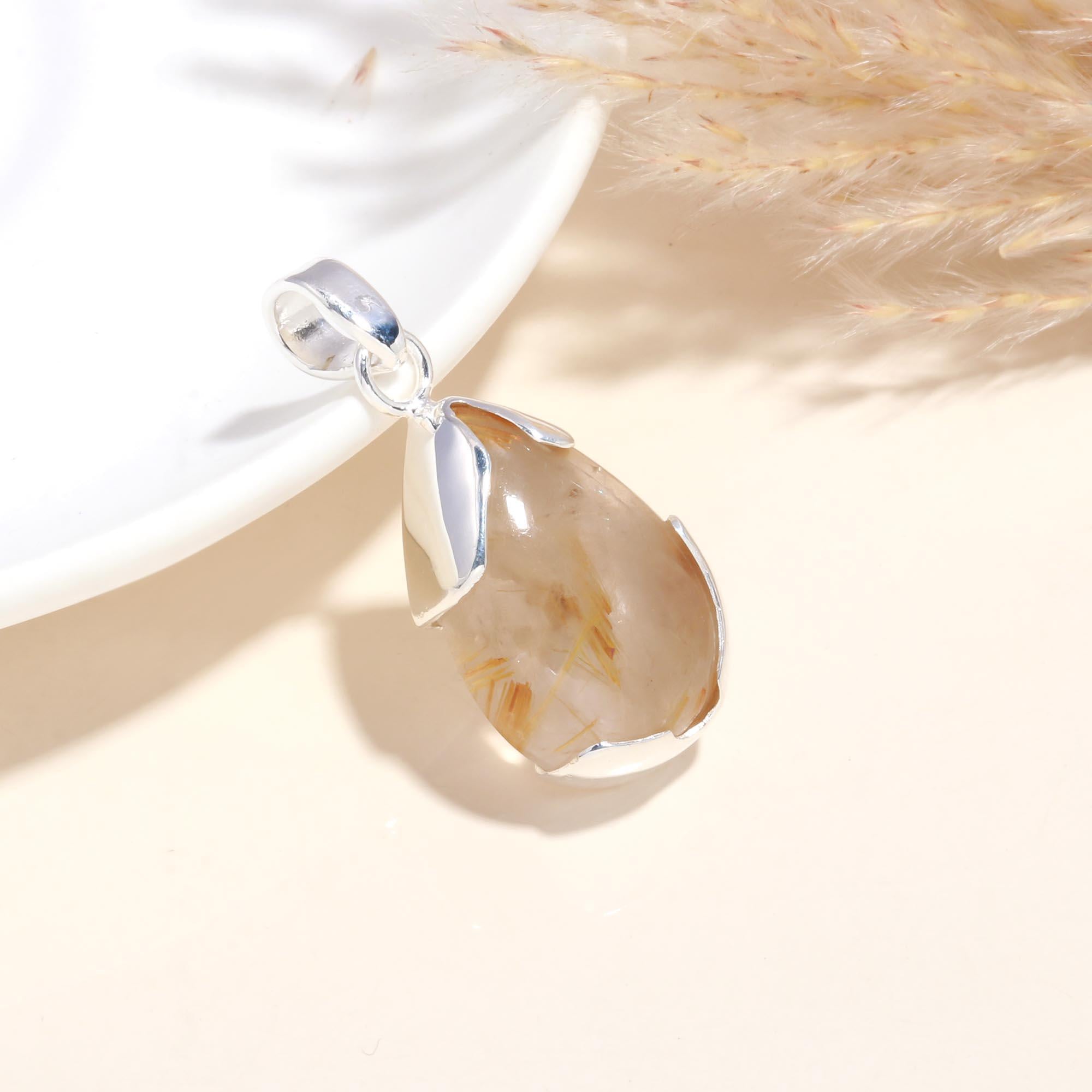 925 Sterling Silver Pear-Shaped Rutilated Quartz Pendant