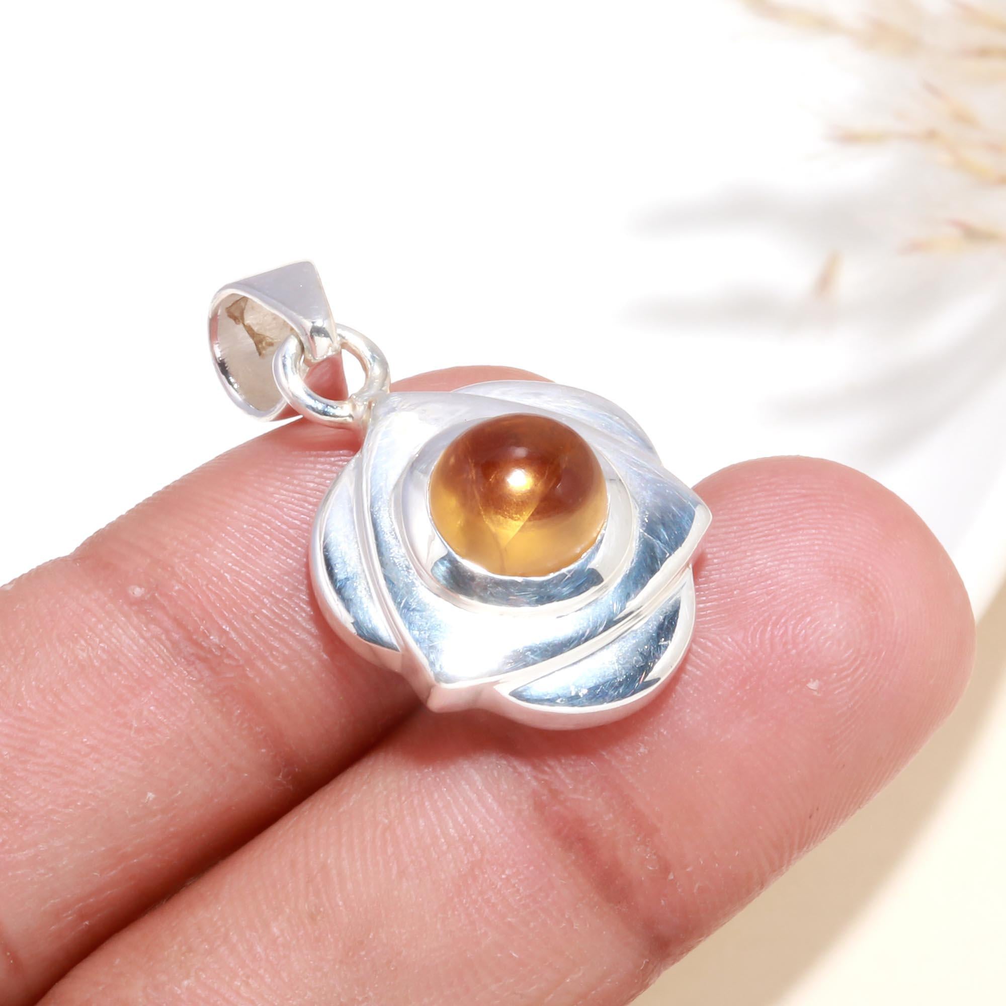 925 Sterling Silver Floral Citrine Cabochon Pendant