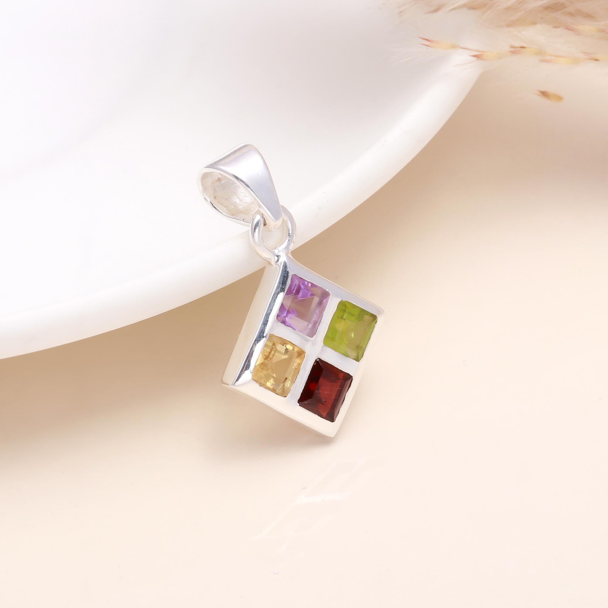 925 Sterling Silver Multi-Gemstone Square Pendant