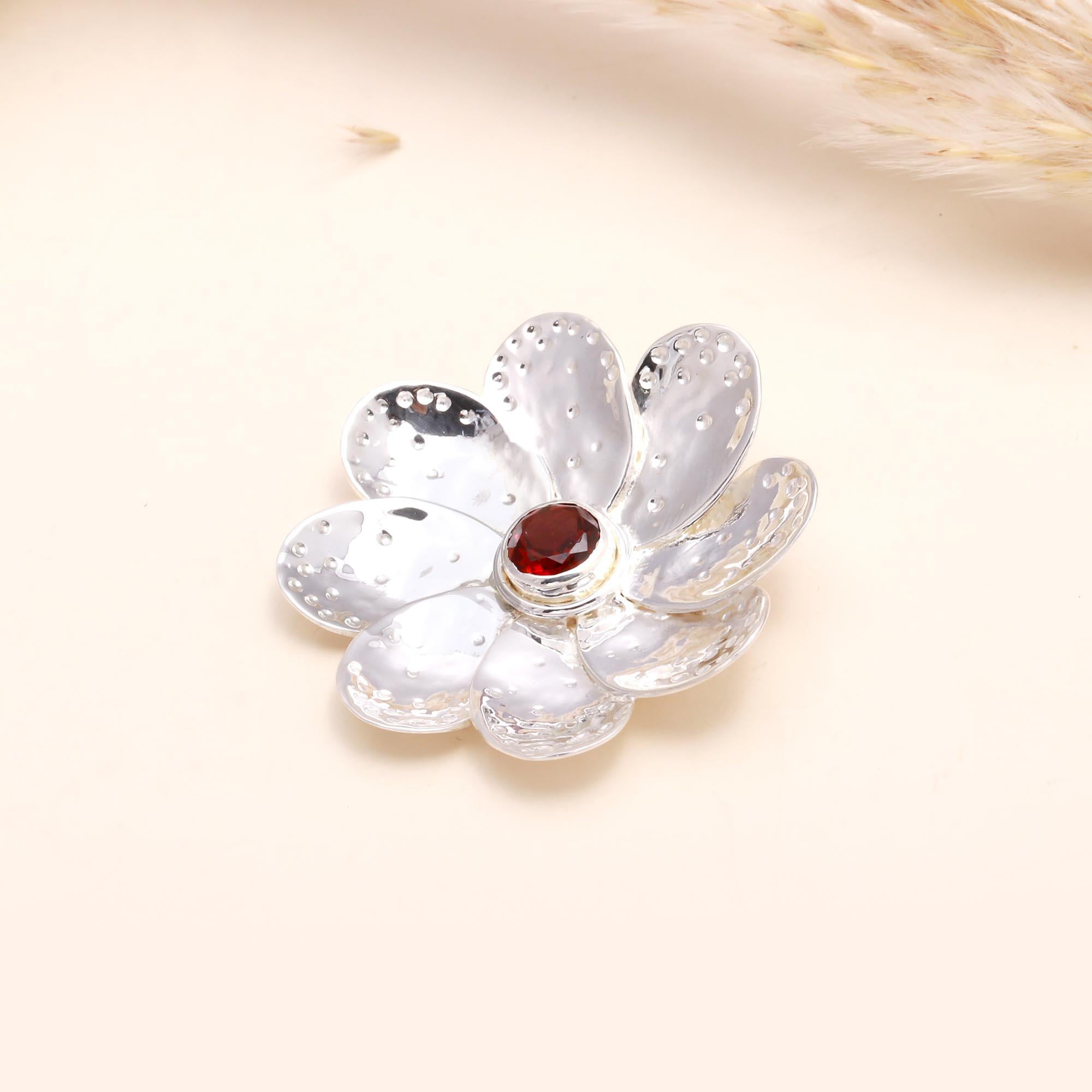 925 Sterling Silver Floral Garnet Flower Pendant