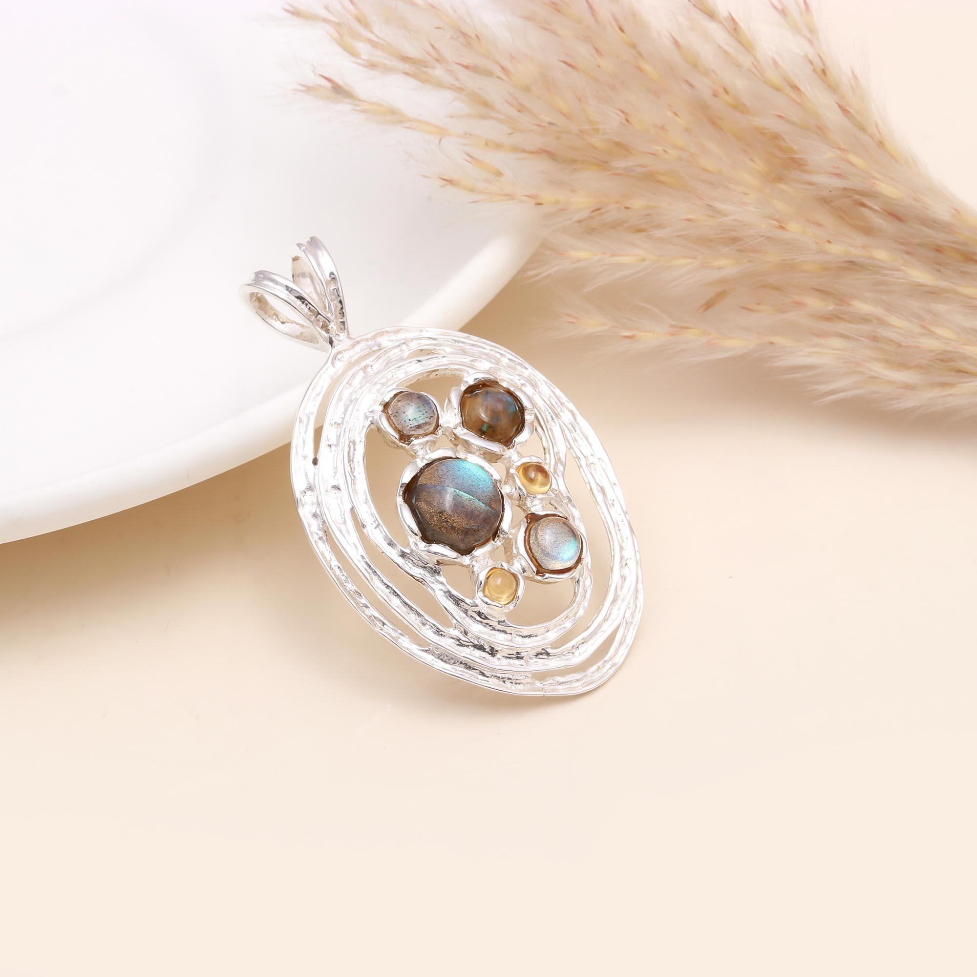 925 Sterling Silver Modern Labradorite & Citrine Pendant