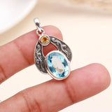 925 Sterling Silver Vintage-Inspired Blue Topaz & Citrine Pendant