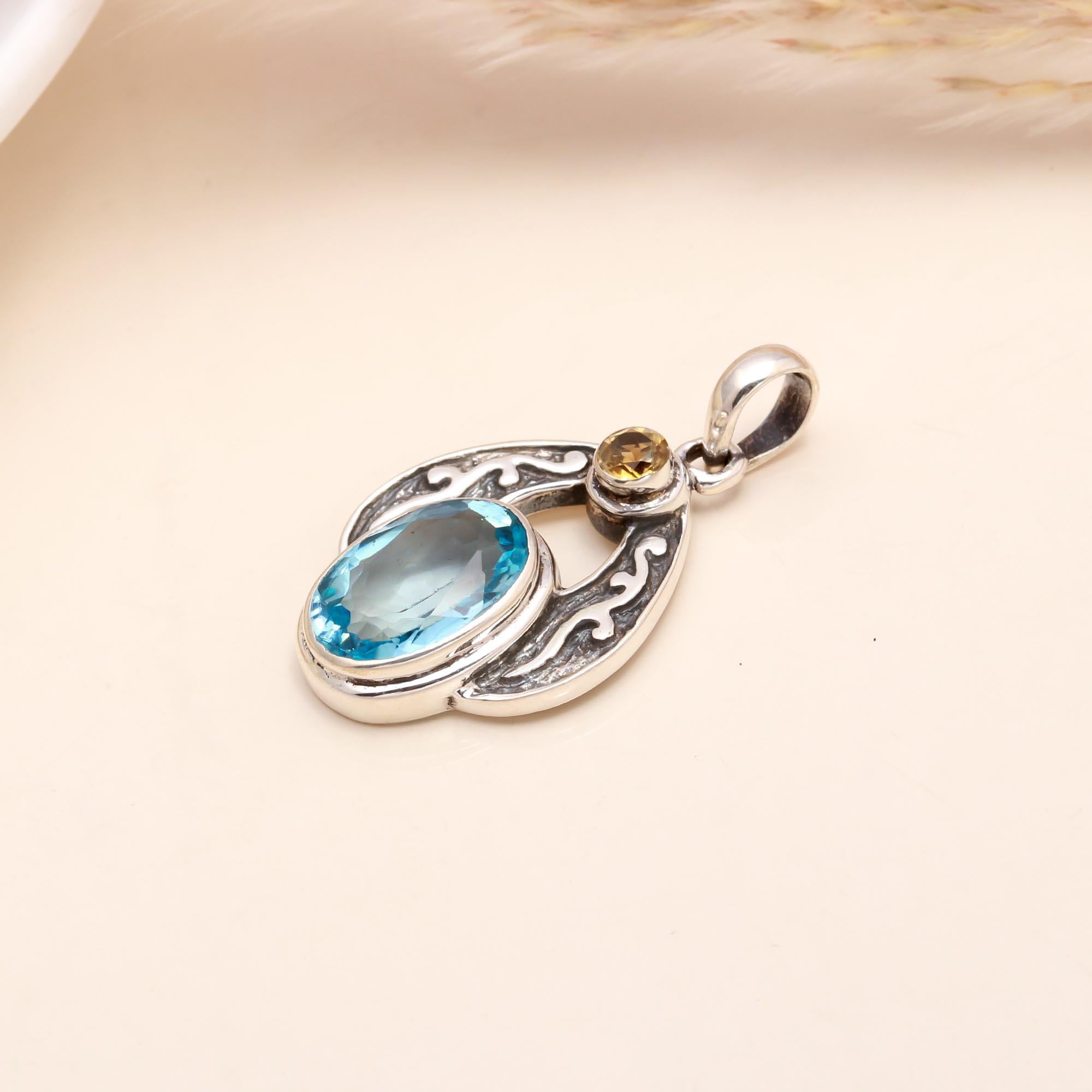 925 Sterling Silver Vintage-Inspired Blue Topaz & Citrine Pendant
