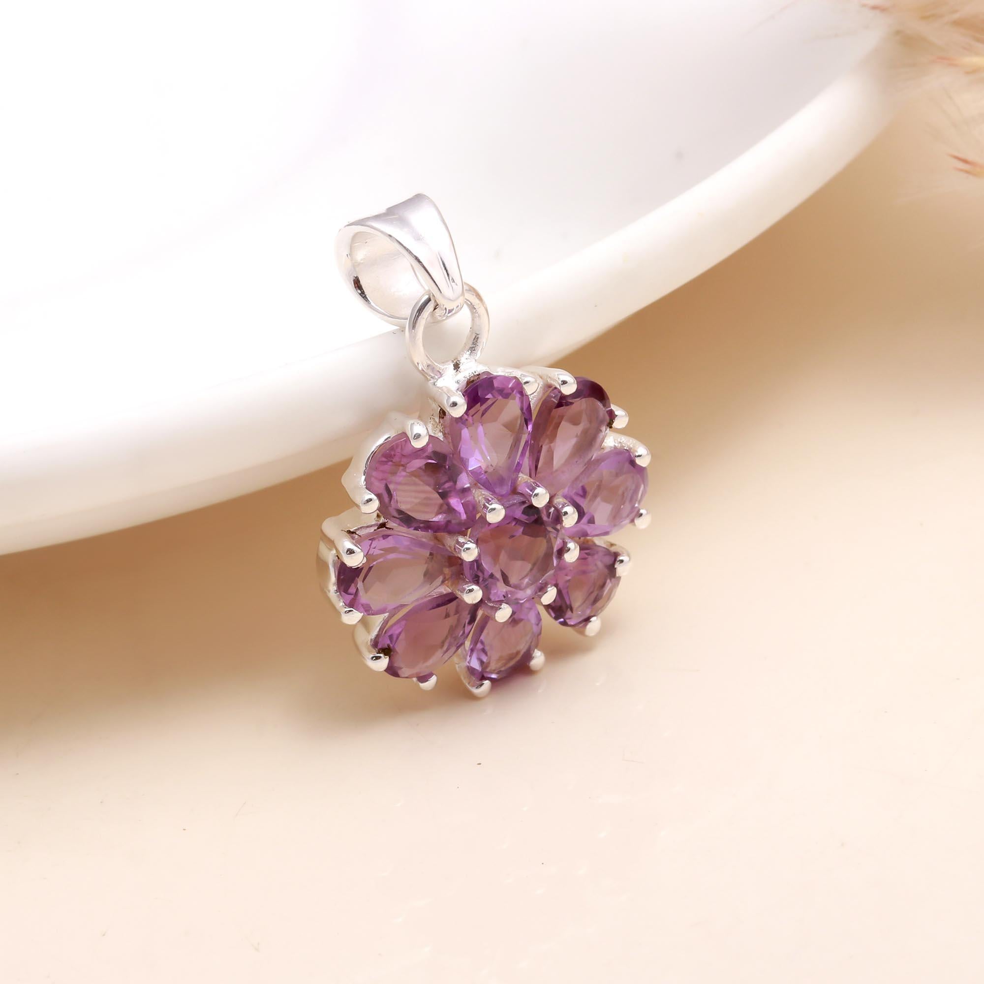 925 Sterling Silver Amethyst Floral Pendant