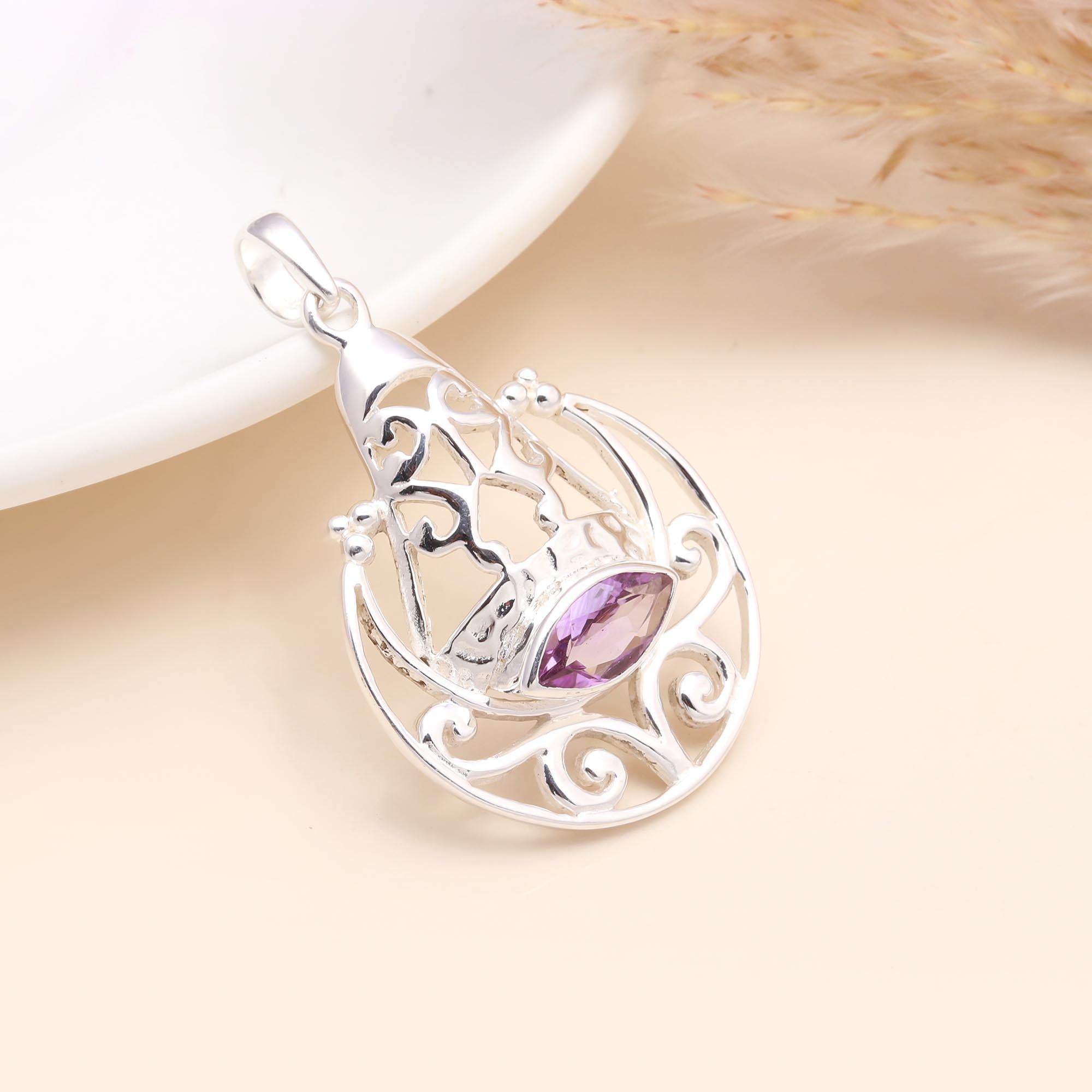 925 Sterling Silver Amethyst Moon & Star Pendant