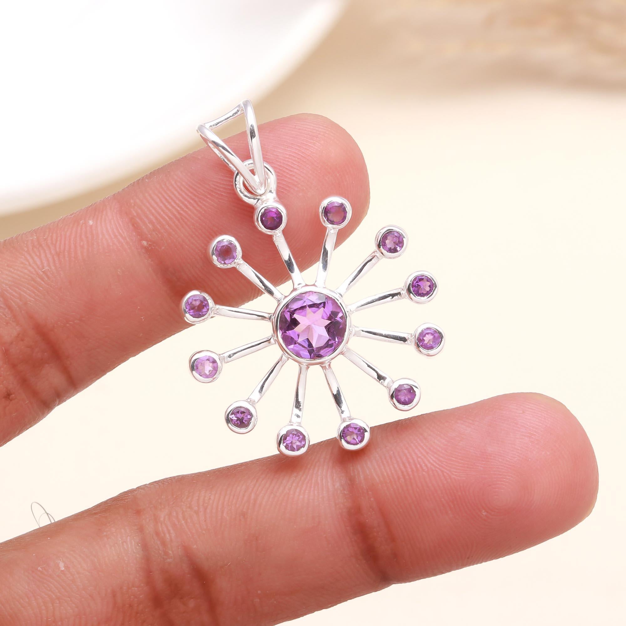 925 Sterling Silver Amethyst Starburst Pendant