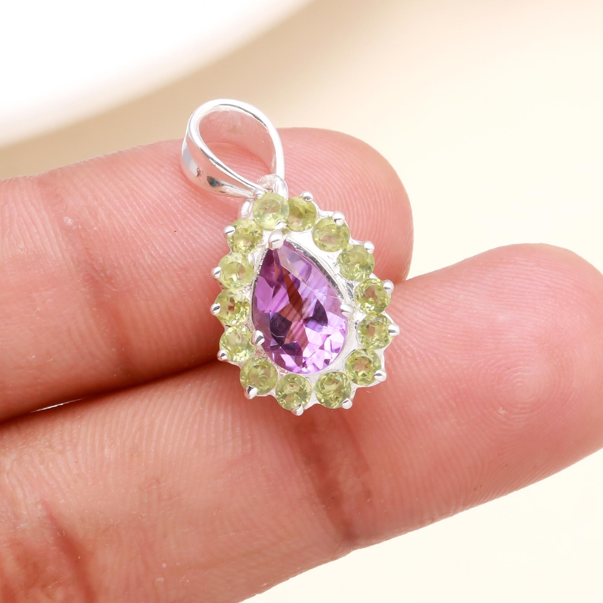 925 Sterling Silver Pear-Shaped Amethyst & Peridot Halo Pendant