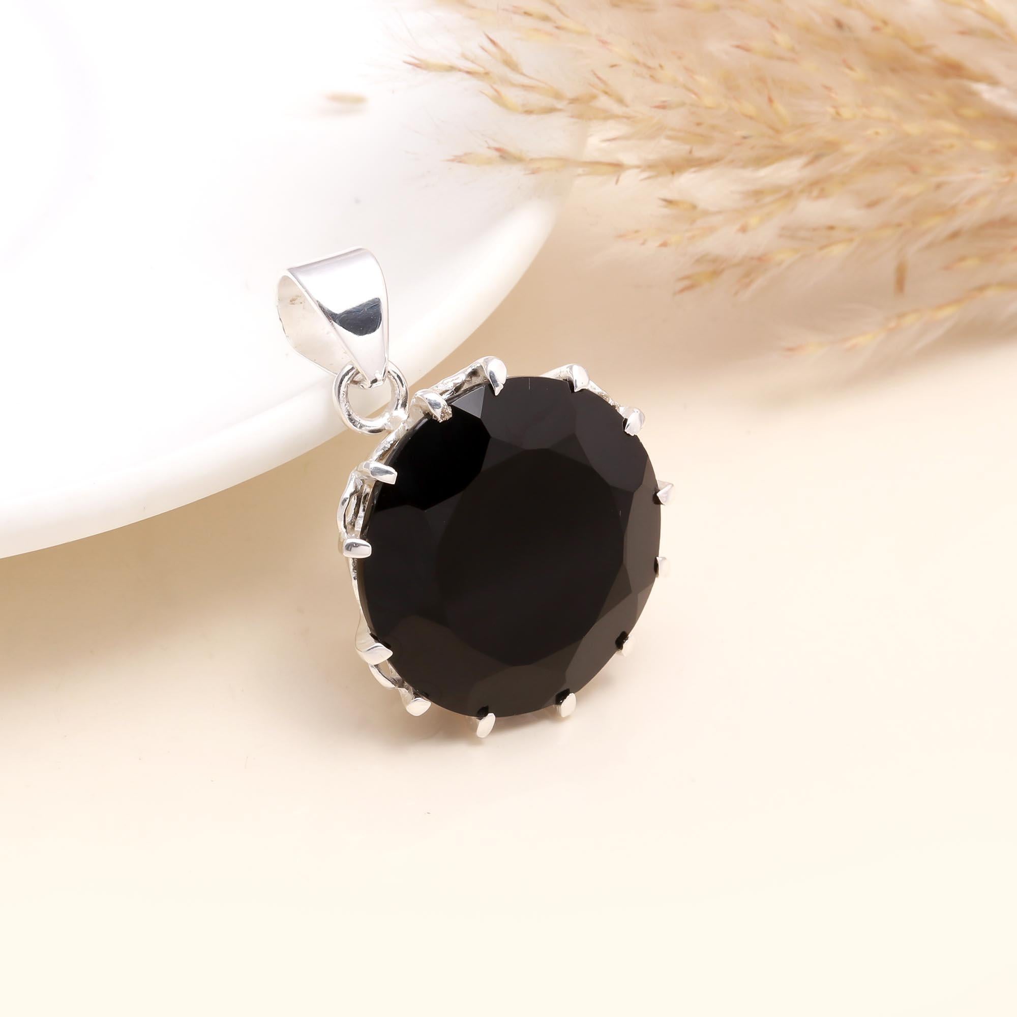 925 Sterling Silver Large Round Faceted Black Onyx Pendant