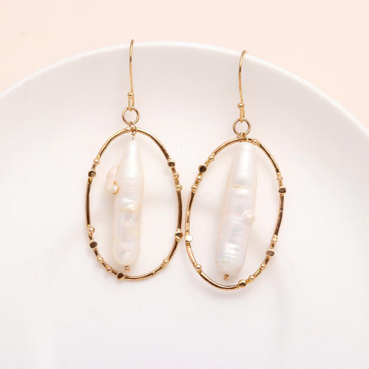 925 Sterling Silver Baroque Pearl Oval Drop Earrings