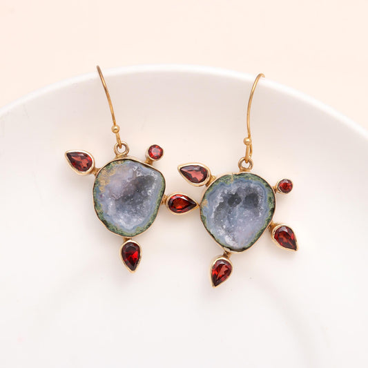 925 Sterling Silver Raw Crystal Geode and Garnet Dangle Earrings