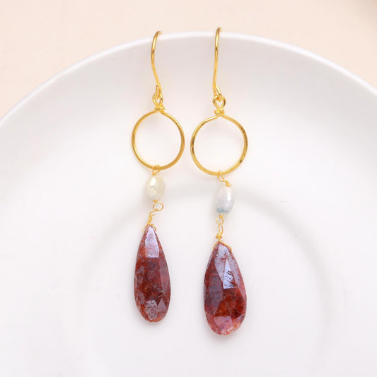 925 Sterling Silver Sunstone & Moonstone Hoop Dangle Earrings