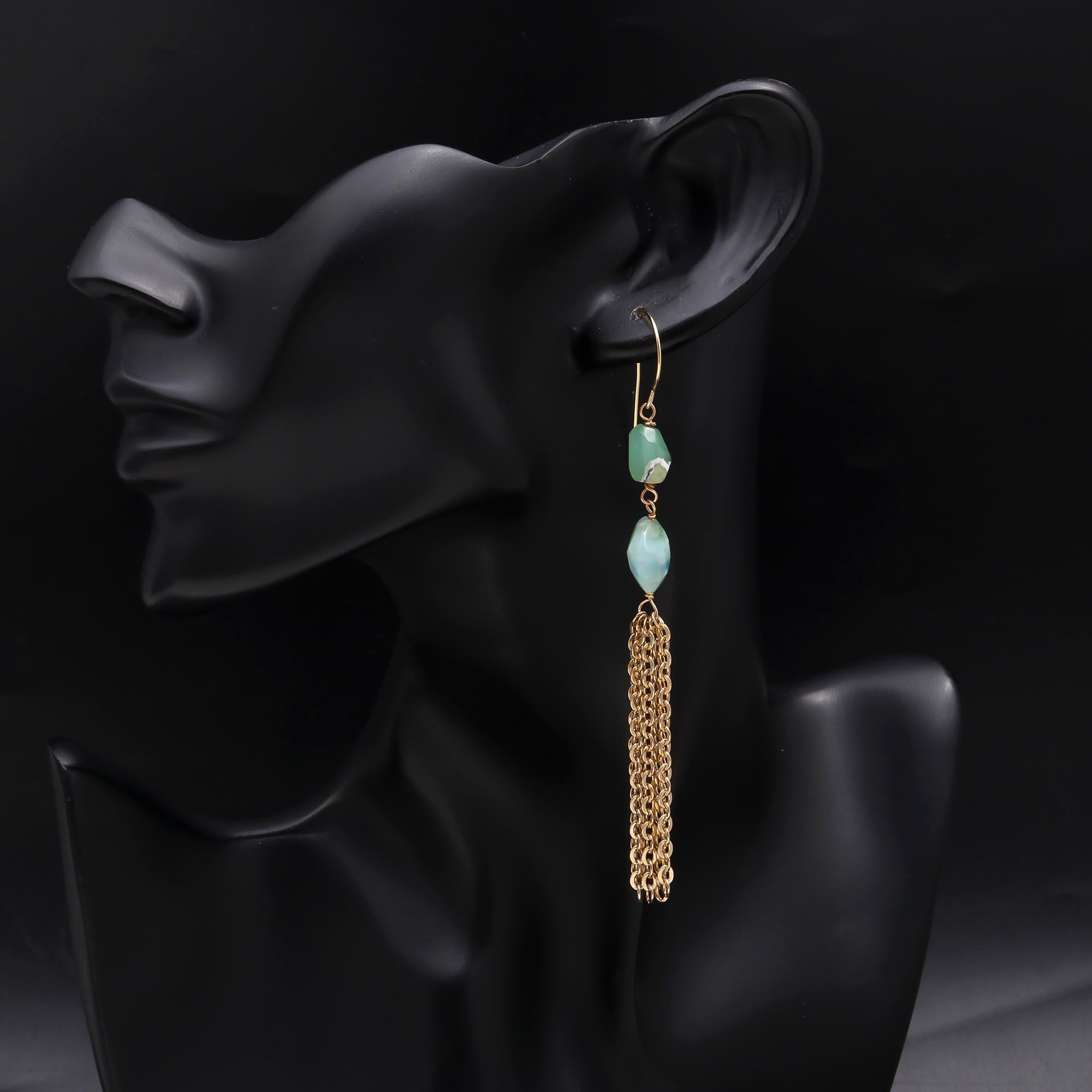925 Sterling Silver Green Gemstone & Chain Tassel Earrings