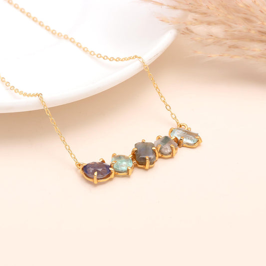 925 Sterling Silver Raw Gemstone Bar Chain Necklace