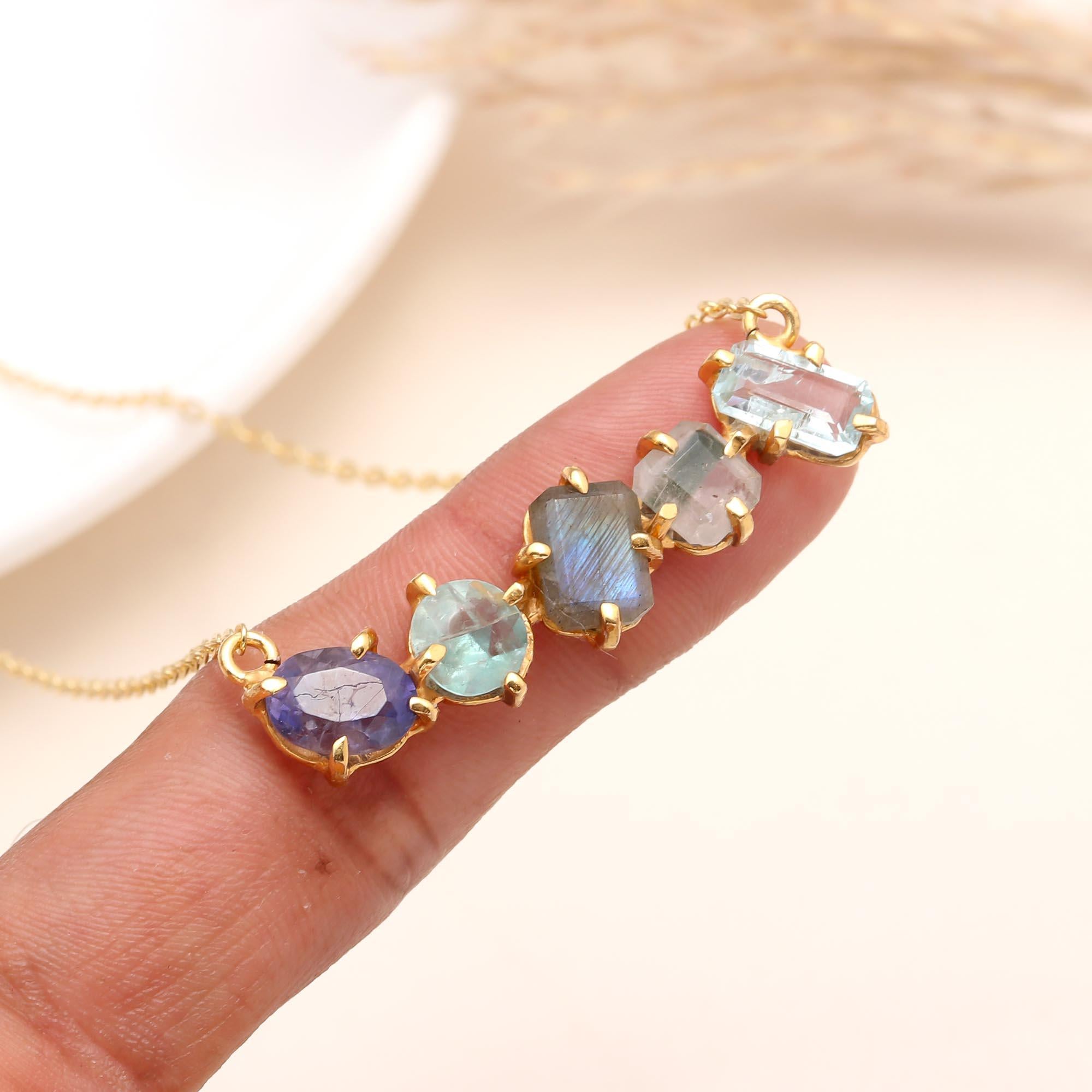925 Sterling Silver Raw Gemstone Bar Chain Necklace