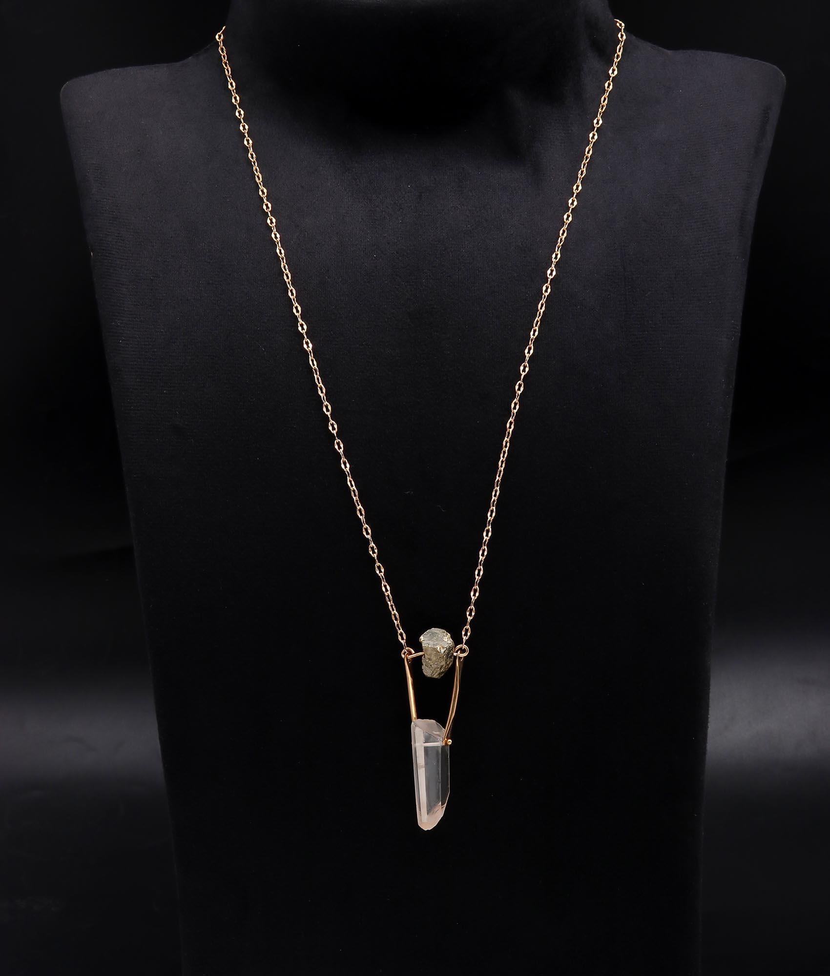 925 Sterling Silver Raw Pyrite & Quartz Crystal Pendant Necklace