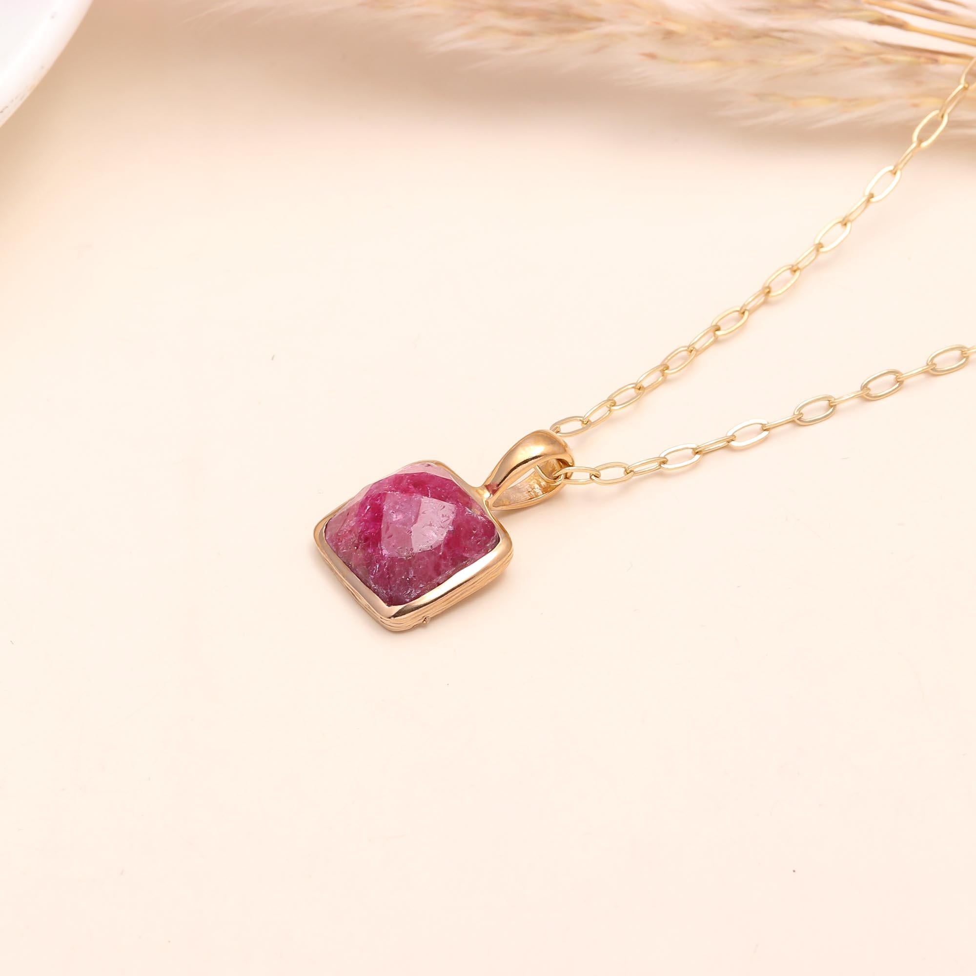 925 Sterling Silver Raw Ruby Square Pendant Necklace