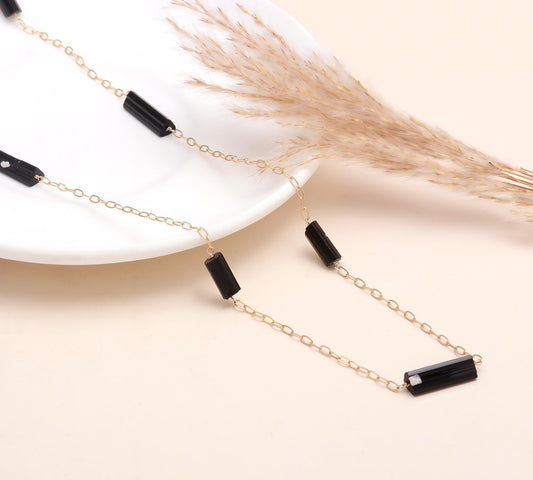 925 Sterling Silver Chain Black Tourmaline Bar Necklace