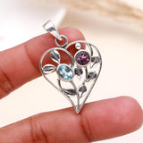 925 Sterling Silver Heart Pendant with Amethyst & Blue Topaz