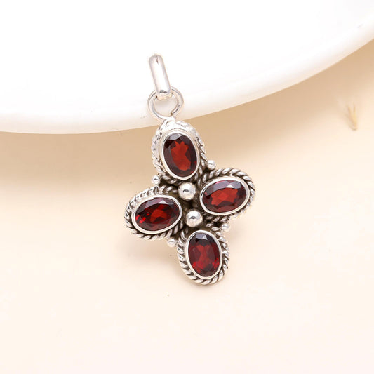 925 Sterling Silver Garnet Cross Pendant