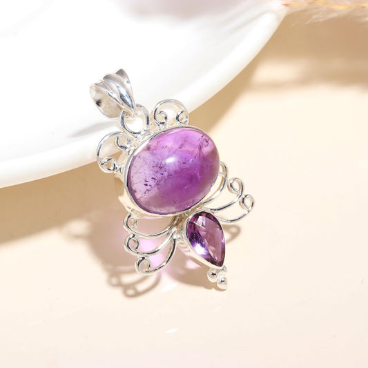925 Sterling Silver Handmade Vintage Amethyst Filigree Boho Pendant