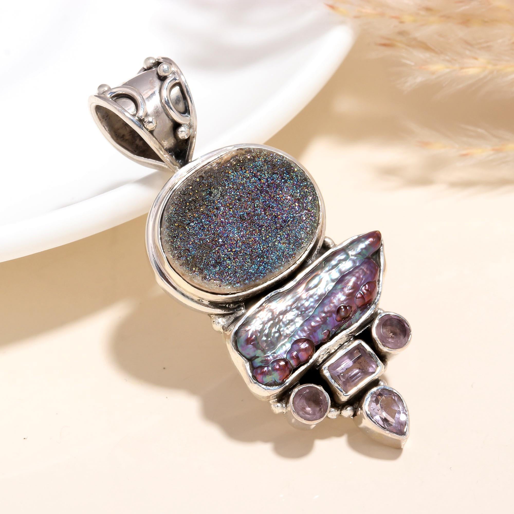 925 Sterling Silver Druzy & Abalone Shell Pendant