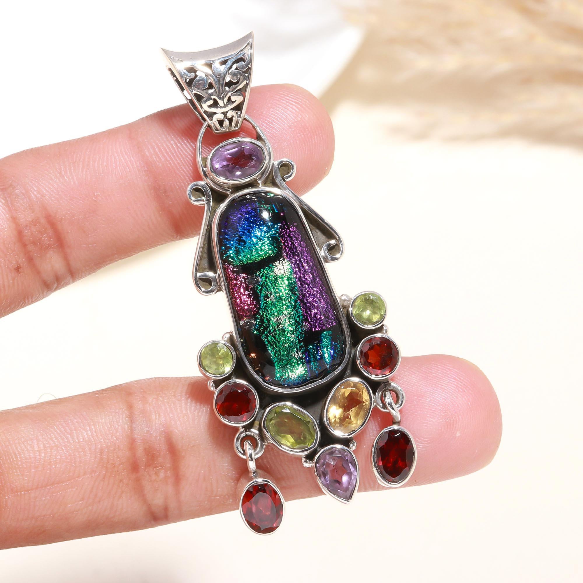 925 Sterling Silver Handmade Dichroic Glass & Multi-Gemstone Pendant