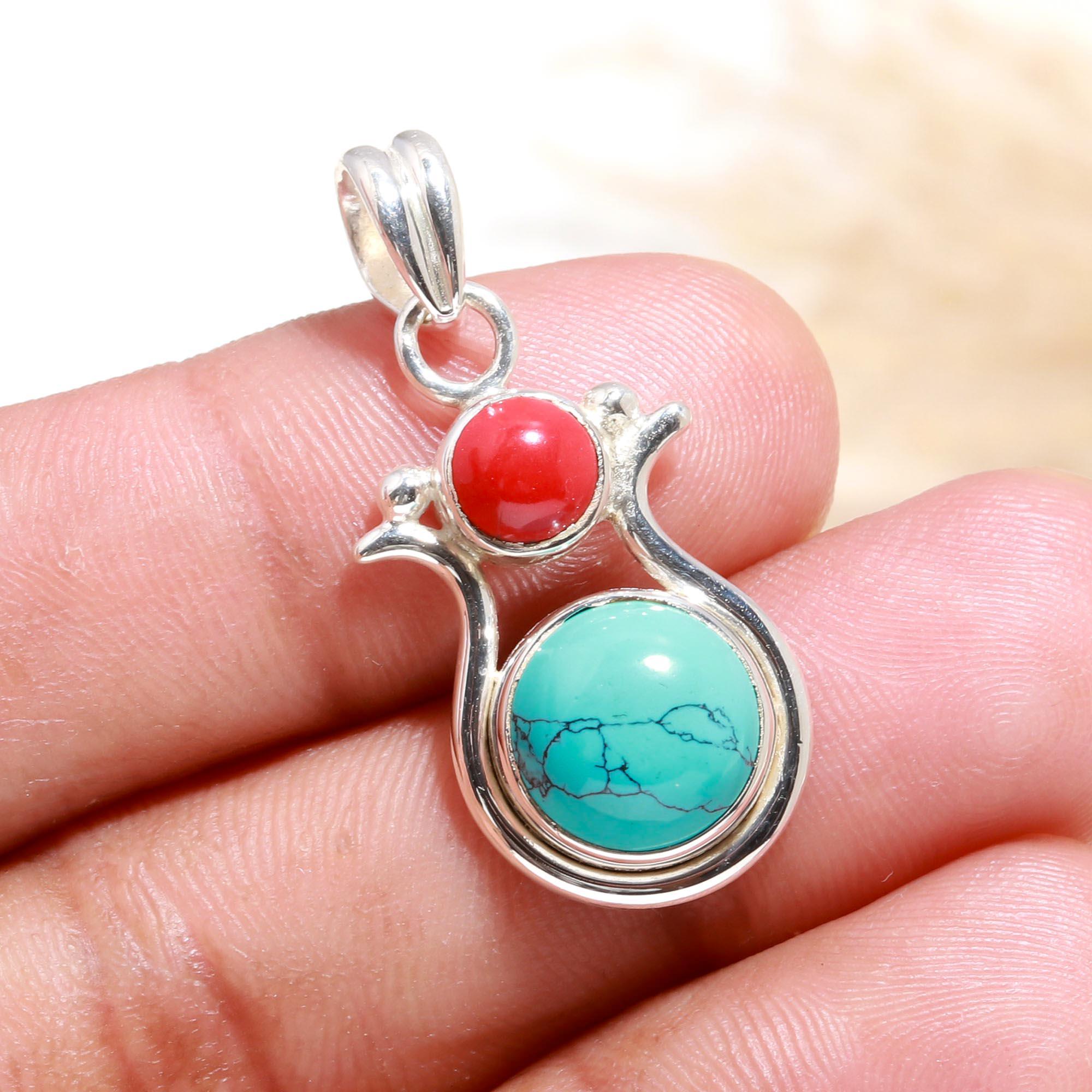 925 Sterling Silver Turquoise & Coral Pendant