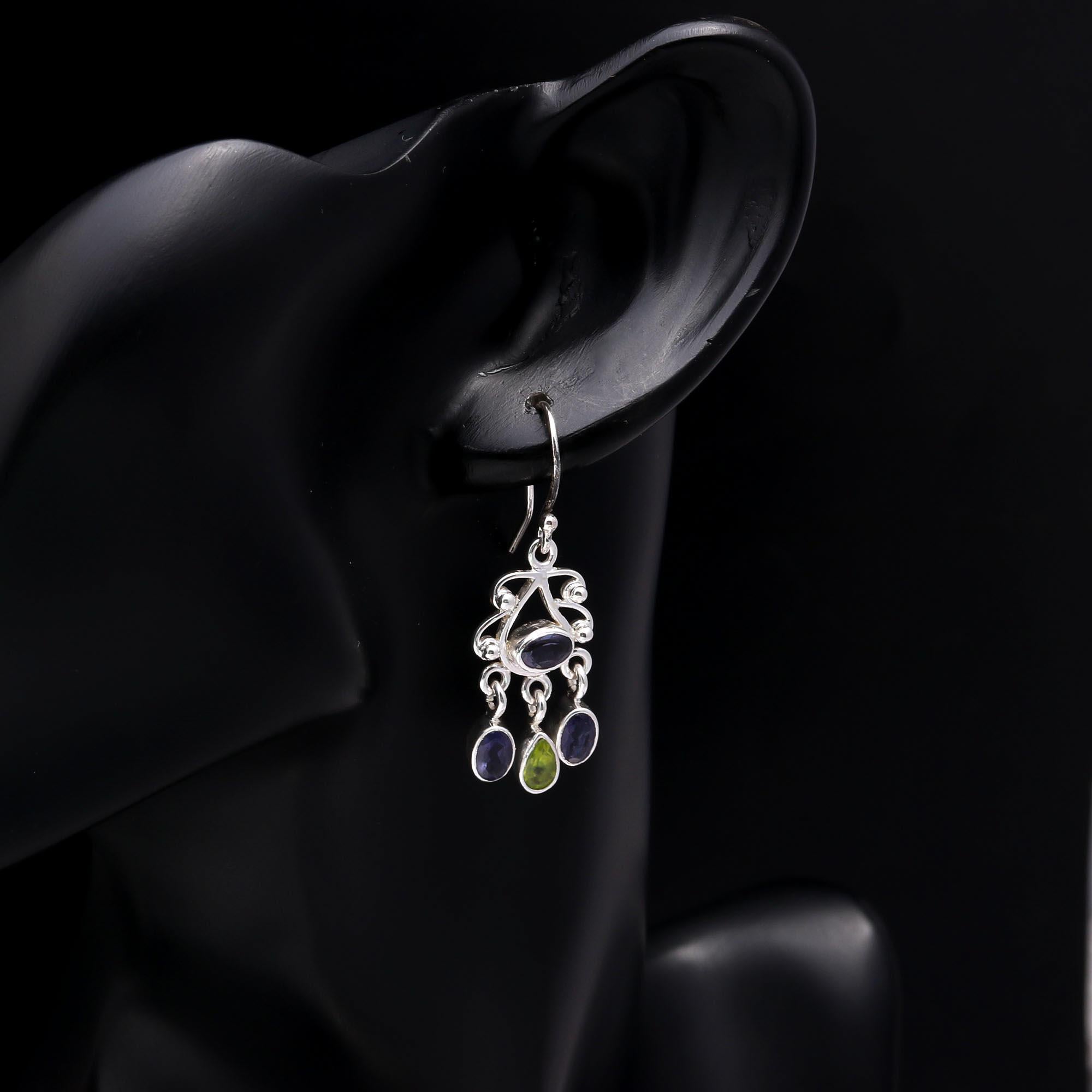 925 Sterling Silver Iolite & Peridot Chandelier Earrings