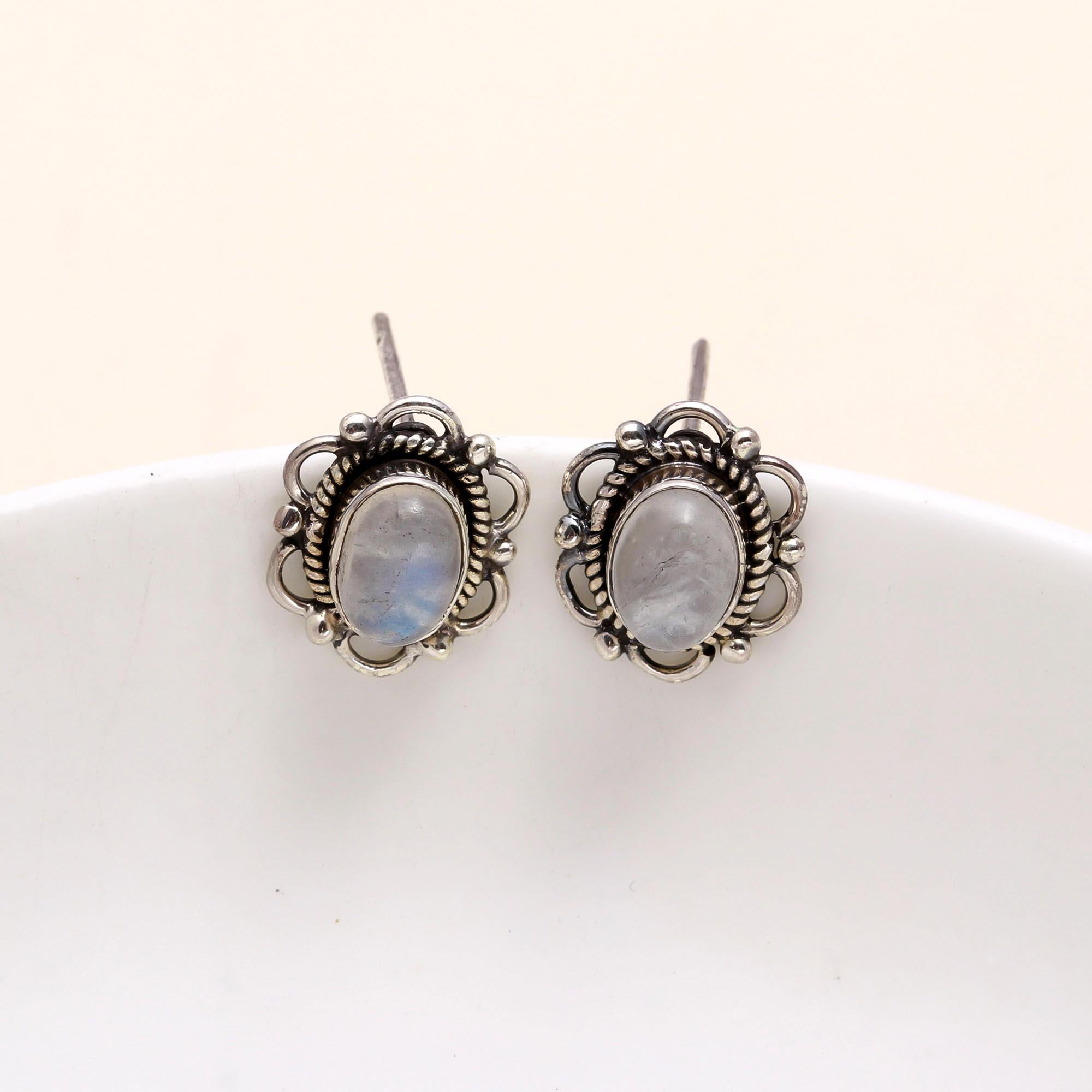 925 Sterling Silver Moonstone Vintage Boho Stud Earrings