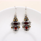 925 Sterling Silver Garnet & Citrine Vintage Boho Dangle Earrings