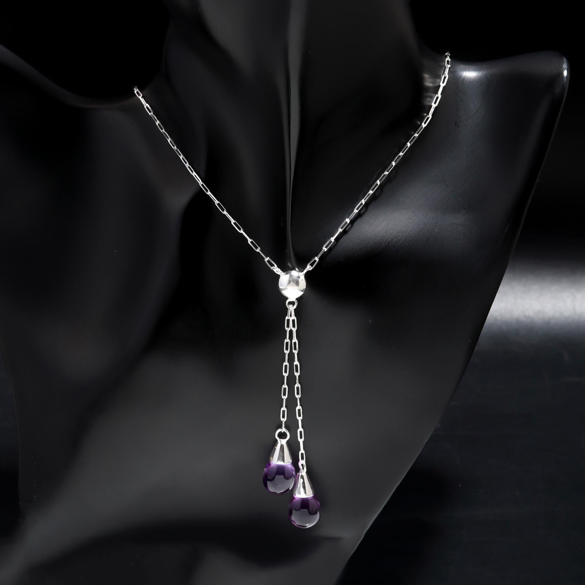 925 Sterling Silver Amethyst Teardrop Pendants Necklace