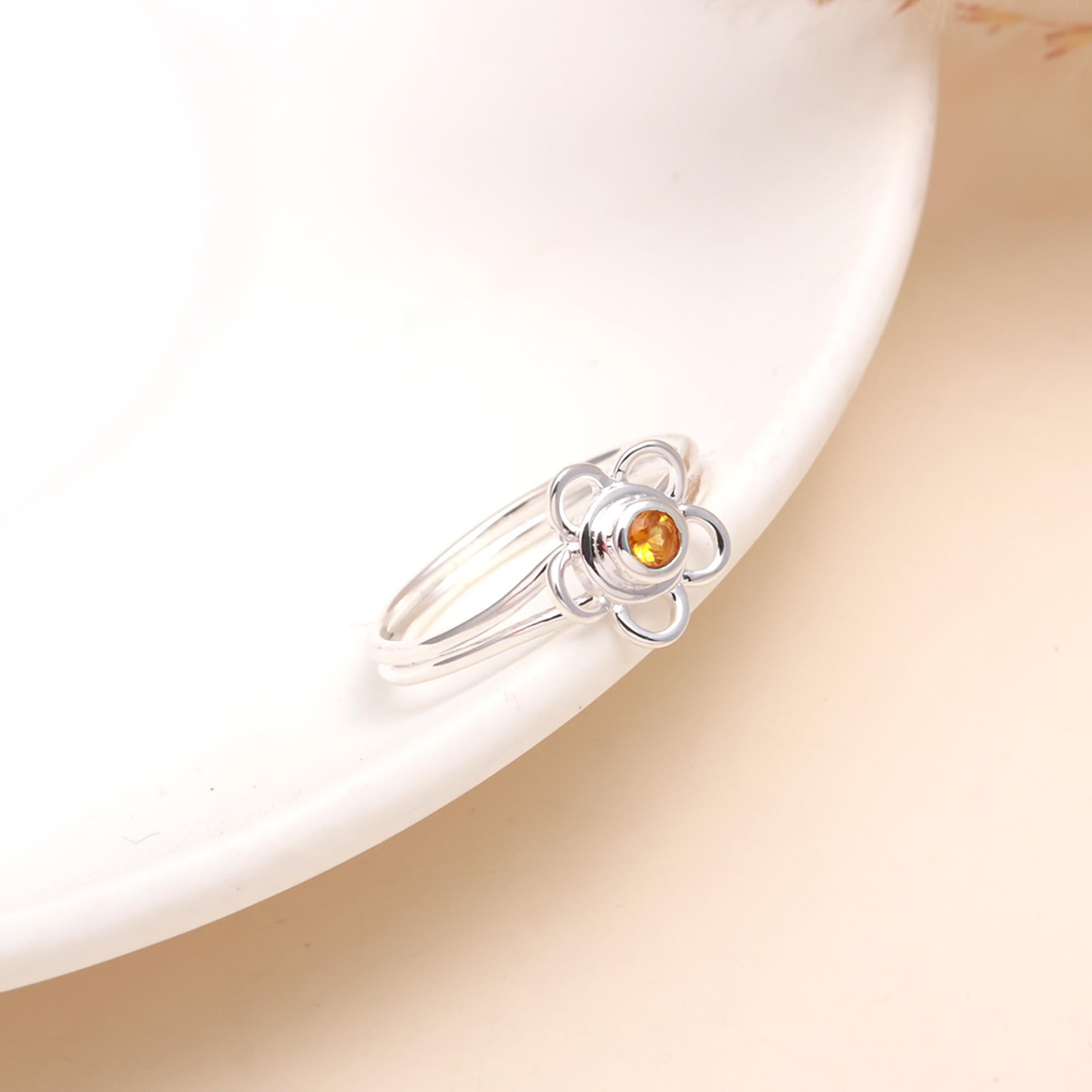 925 Sterling Silver Flower Ring with Citrine Gemstone