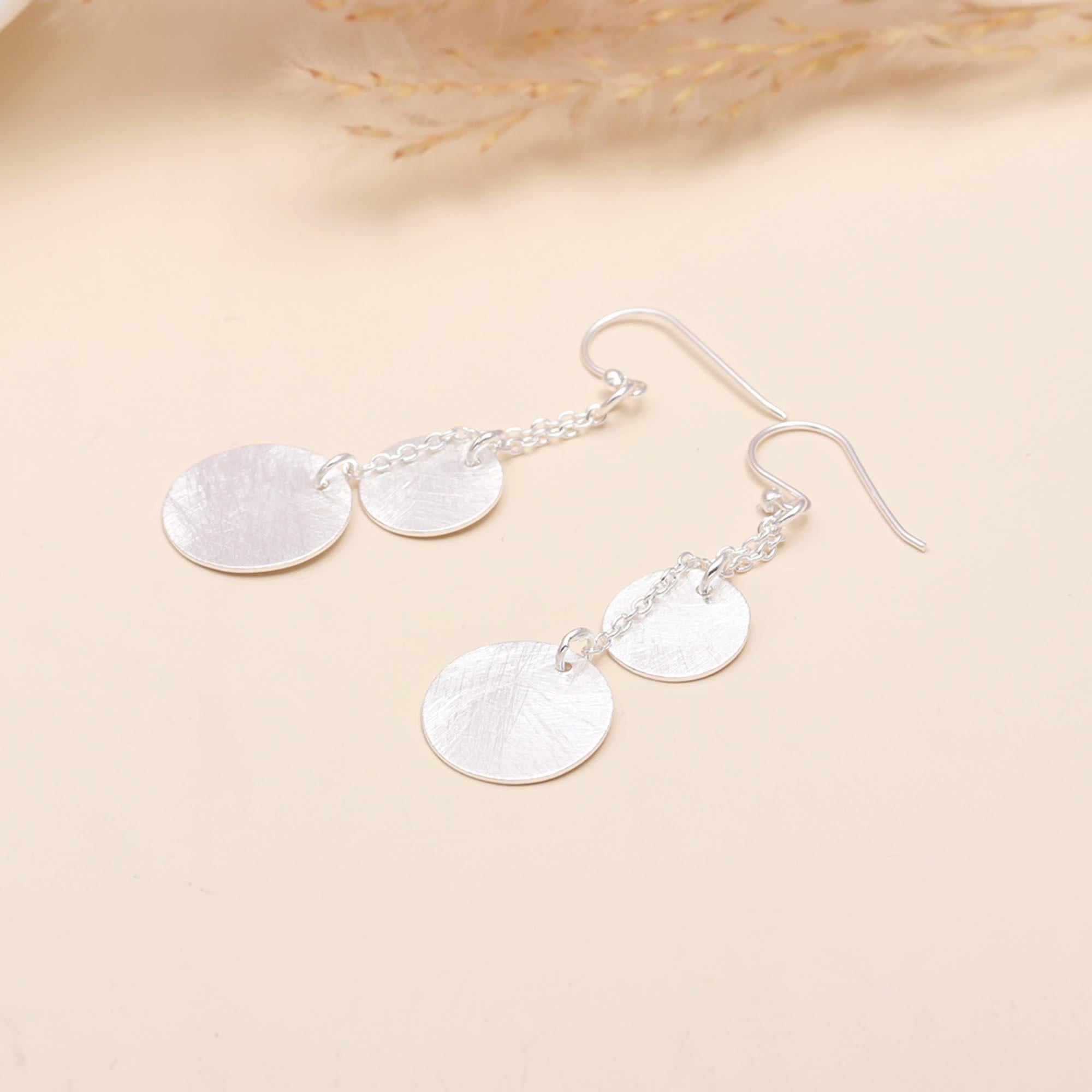 925 Sterling Silver Layered Disc Long Drop Dangle Earrings
