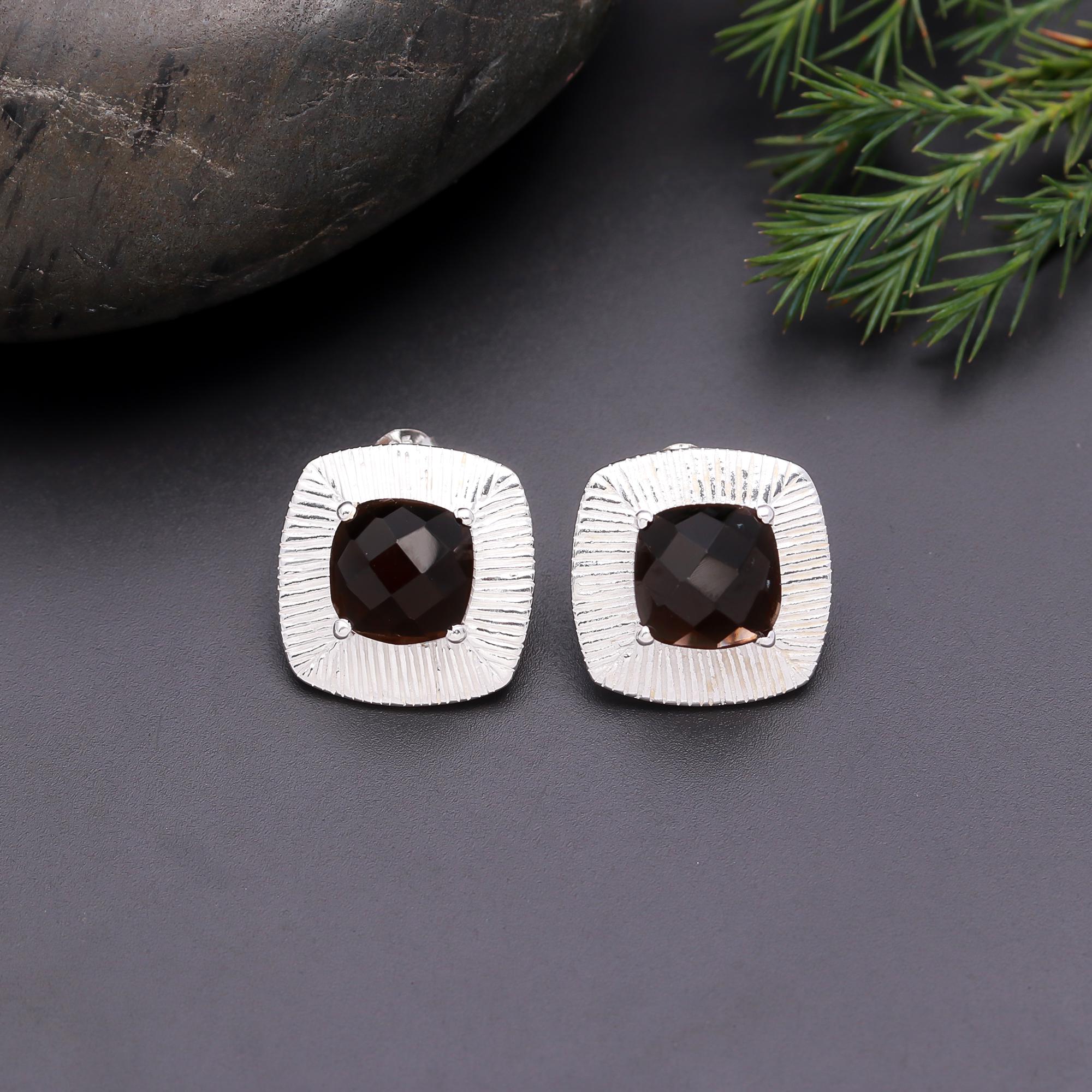 925 Silver Faceted Black Onyx Square Stud Earrings