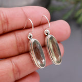 925 Silver Long Oval Green Quartz Dangle Earrings