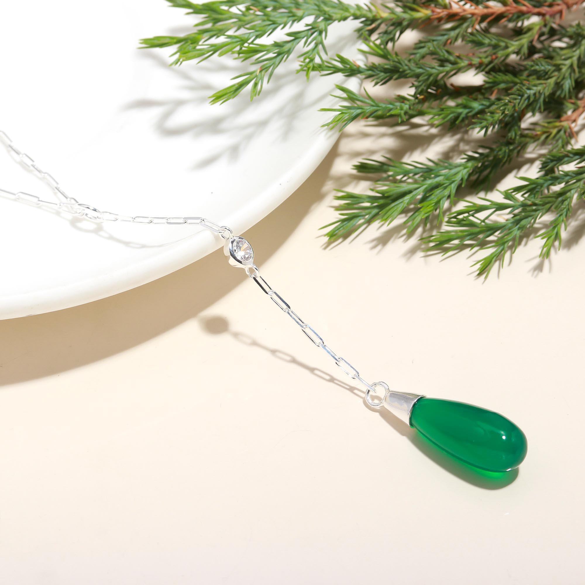 925 Sterling Silver Natural Green Onyx & CZ Paperclip Necklace