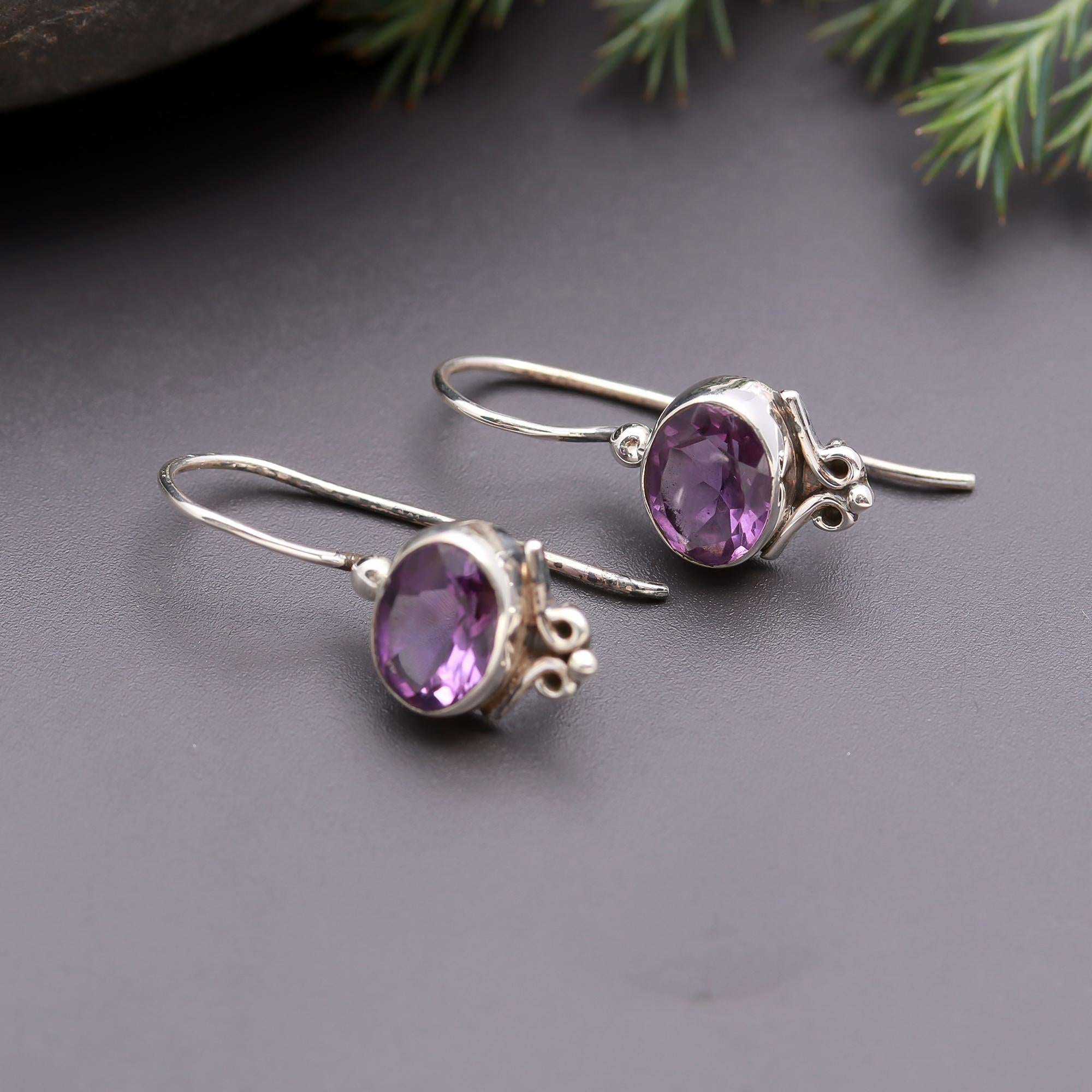 925 Silver Oval Amethyst Dangle Earrings