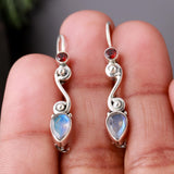 925 Silver Garnet & Moonstone Teardrop Dangle Earrings