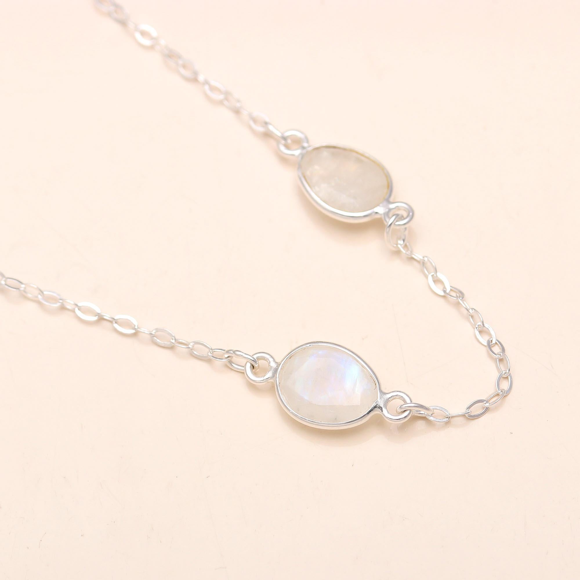 925 Sterling Silver Natural Rainbow Moonstone Anchor chain bezel Necklace